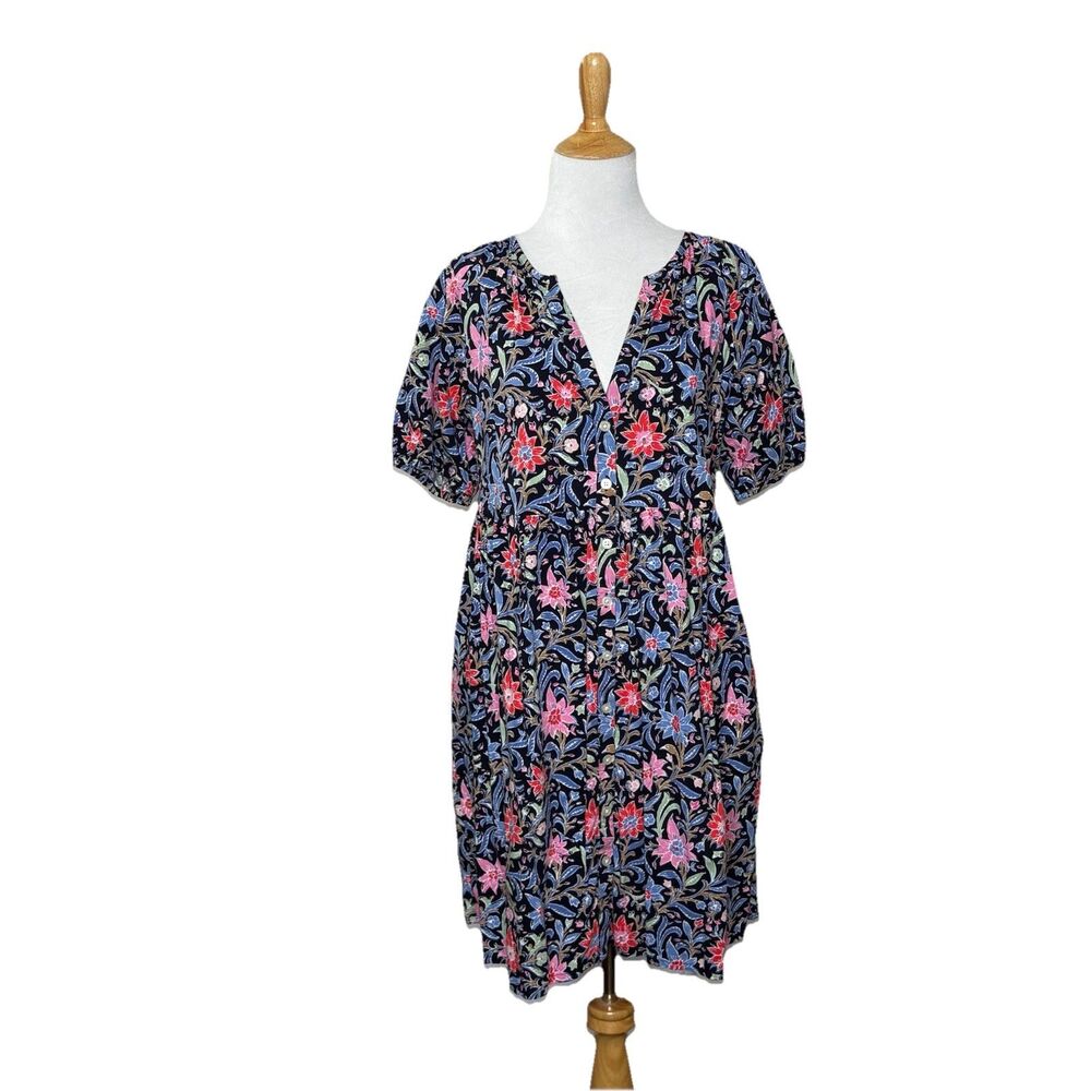 Loft Spring Red Pink Bloom Black Button Front Swing V Neck Dress Size Medium